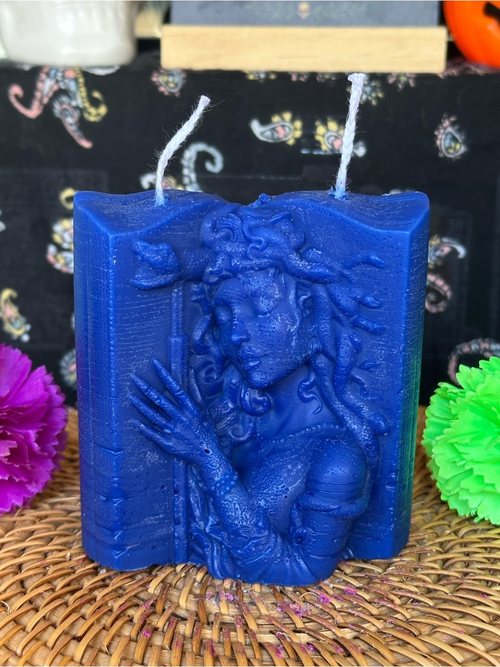 Deep Blue Medusa Double Wick Candle – Witchy Goddess Ritual Candle
